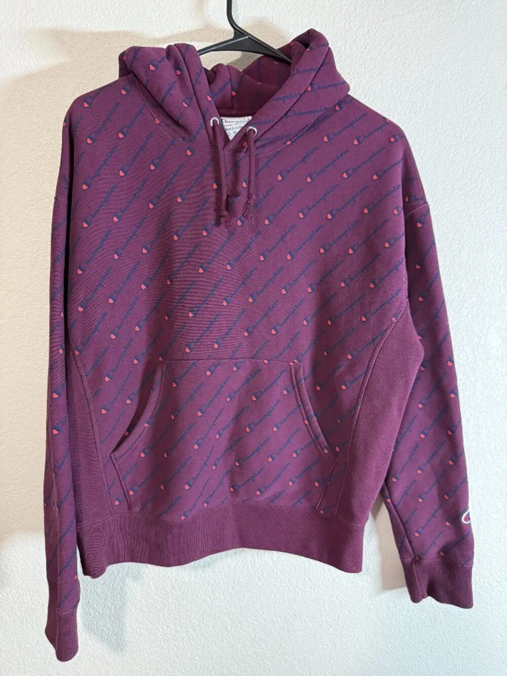 Champion Reverse Weave All-Over Print Hoodie Burgundy Maroon Medium